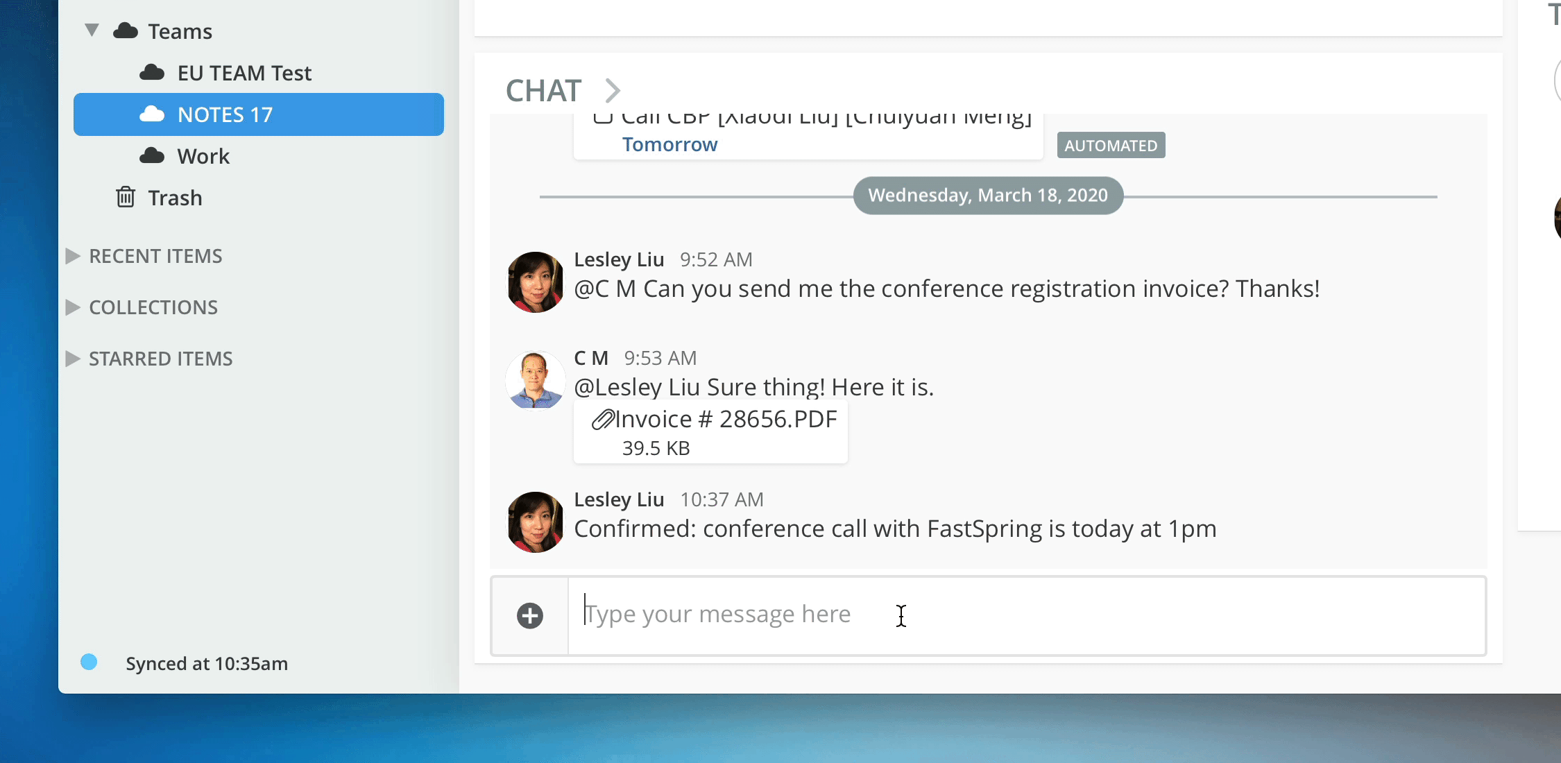 The new Team Chat feature in Pagico 9