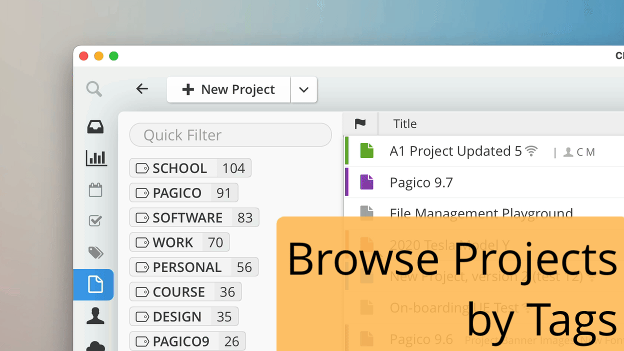 Browse your projects with ease using the new Tag Browser in Pagico 9.7